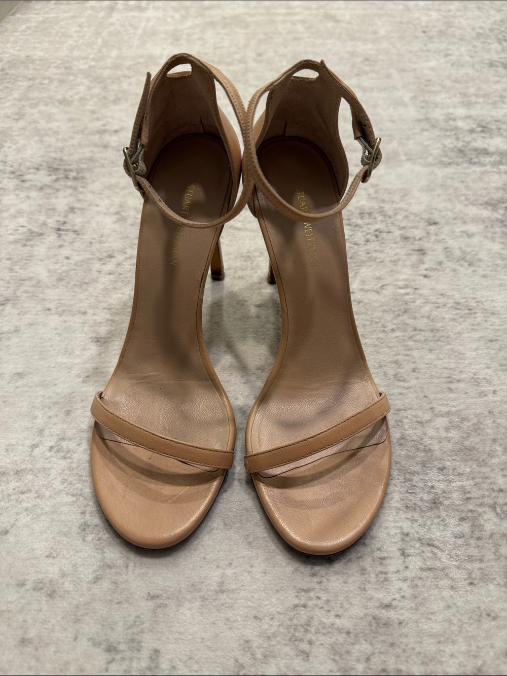 Stuart Weitzman Tan/Nude Single-Strap Ankle-Strap Heels